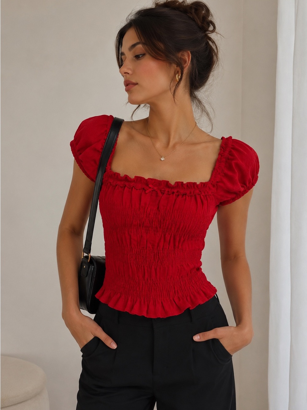Frankie & Skylarr Red Smocked Puff Sleeve Crop Top Size M Cottagecore